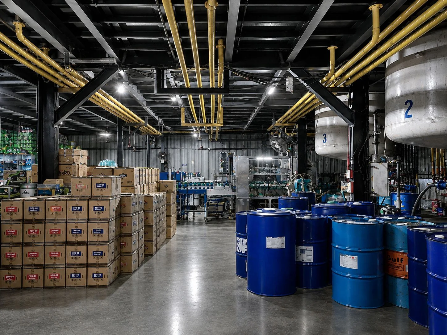 Drums and tanks organized inside the Goldtap facility